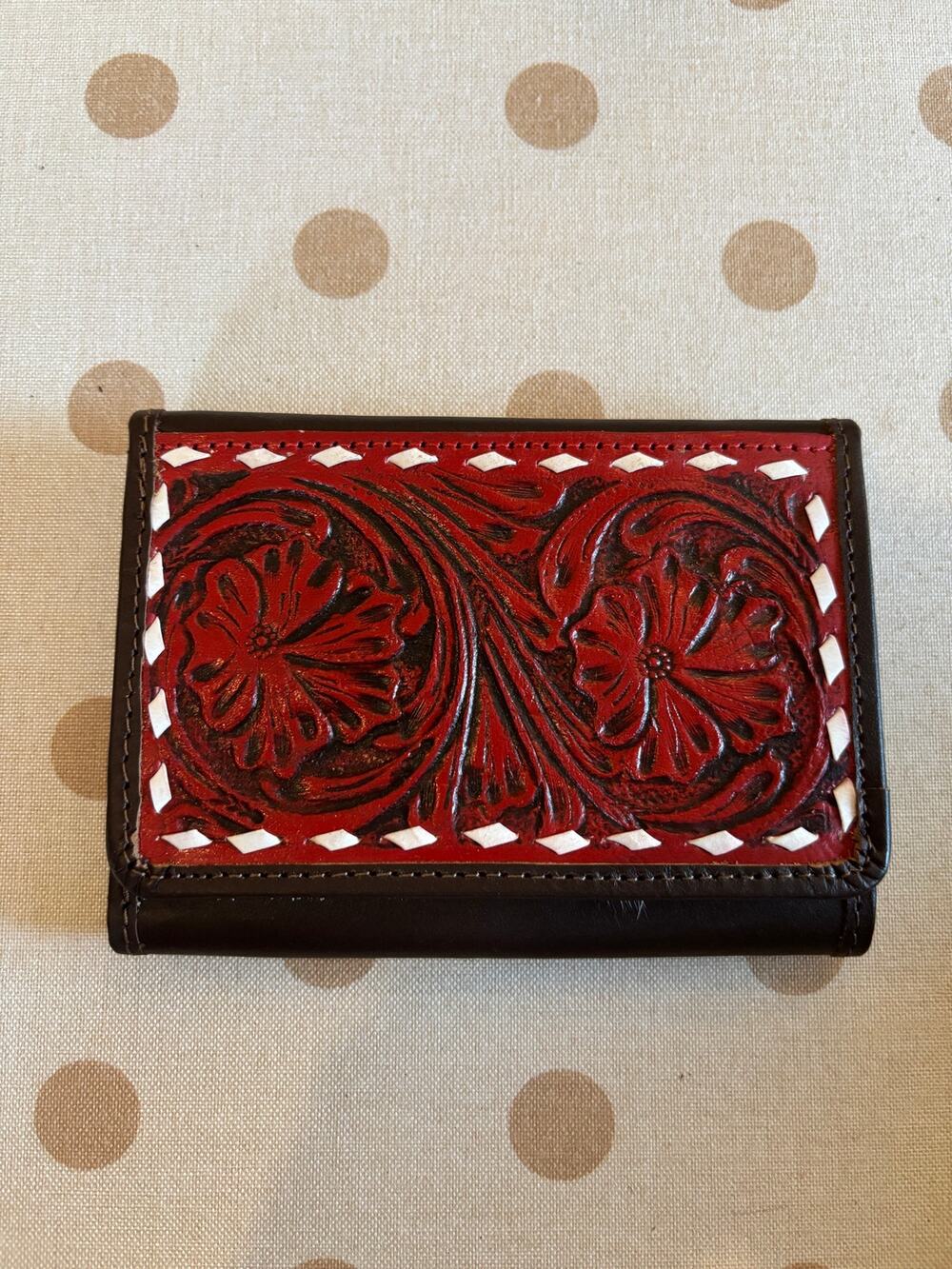 Leather Tooled Red Cowhide Three Fold Wallet